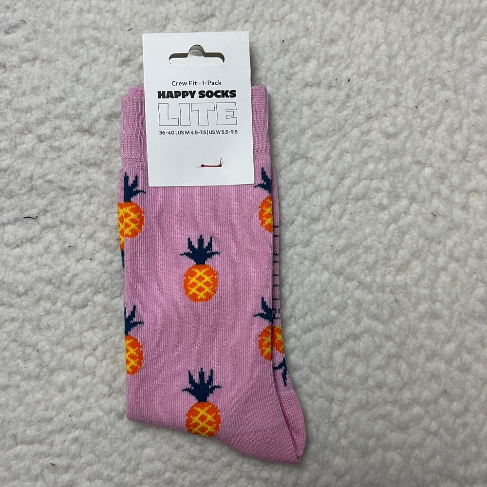 Happy Socks Crew Socks Unisex 36-40 Pink Pineapple Lite Novelty Fruit Print